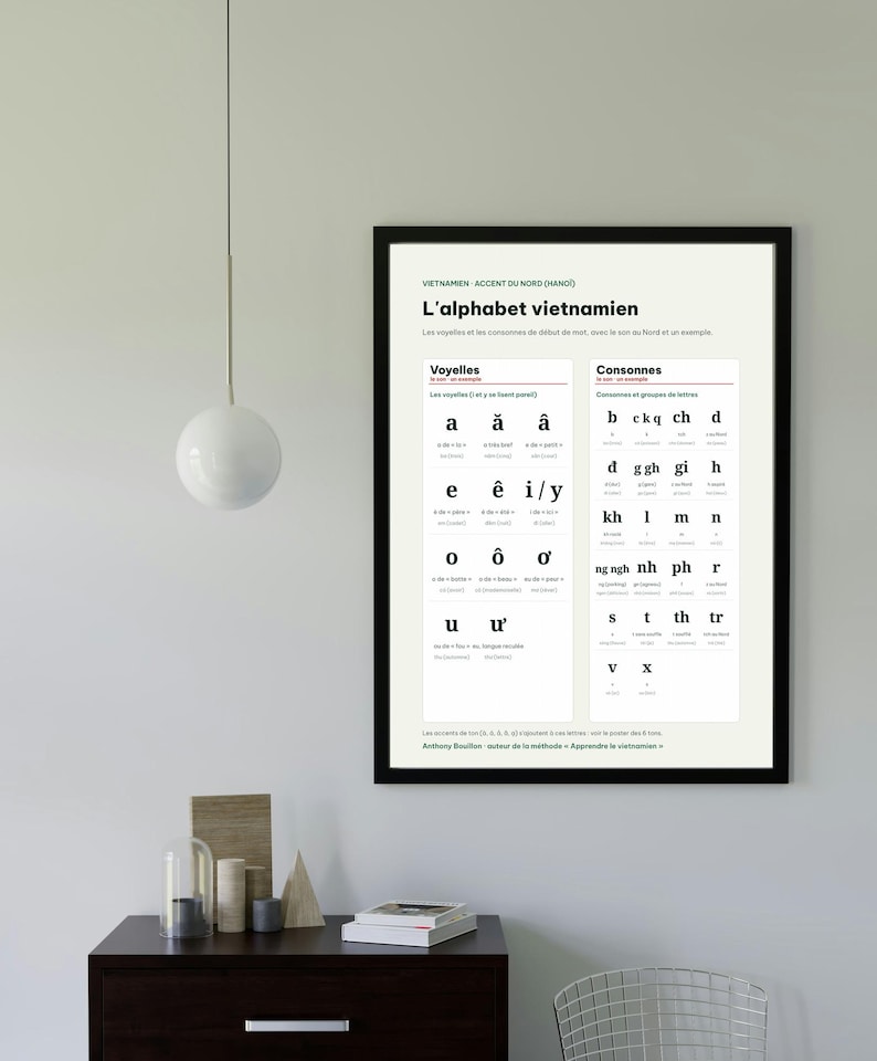 May include: A framed educational poster titled L'alphabet vietnamien, featuring a structured chart of Vietnamese vowels and consonants with phonetic examples. The print uses black text on a white background, displayed in a thin black frame.