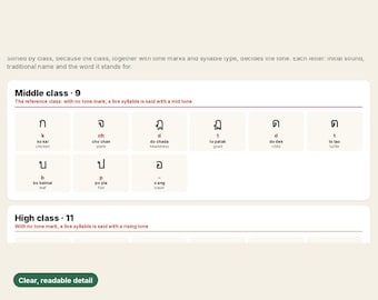 May include: An educational chart displaying Thai alphabet characters categorized by class. The section titled Middle class 9 shows nine letters with their corresponding sounds, names, and meanings, including ko kai, cho chan, and o ang.