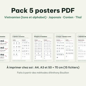 Op de afbeelding: Een digitale collectie van vijf educatieve posters in PDF-formaat met taalkaarten voor Vietnamees, Japans, Koreaans en Thais. De posters tonen alfabetten, tonen en karakters in zwarte tekst op een lichte achtergrond, met afdrukformaten A4, A3 en 50 x 70 cm.