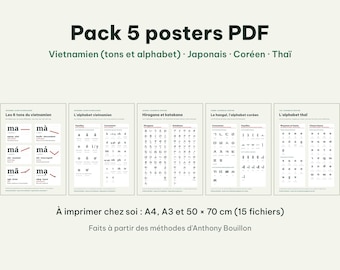 Set van 5 printbare taalposters, PDF A4 A3 50x70: Vietnamese tonen en alfabet, hiragana, katakana, hangul, Thais alfabet