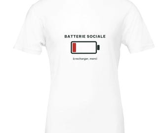 T-shirt Batterie sociale, humour introverti et neuroatypique, cadeau autiste ou TDAH, t-shirt unisexe coton doux