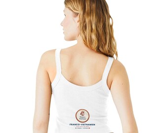 Dames tanktop met Frans-Vietnamese print — Gallische haan en kegelvormige hoed — Geribbelde crop top — Cadeau uit Frankrijk en Vietnam