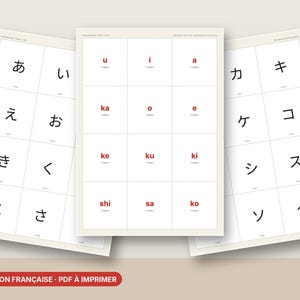 Op de afbeelding: Drie witte educatieve vellen met rasters van Japanse karakters. Het linkerblad toont hiragana, het middelste blad toont geromaniseerde lettergrepen in rode tekst en het rechterblad presenteert katakana. Elk raster bevat twaalf cellen.