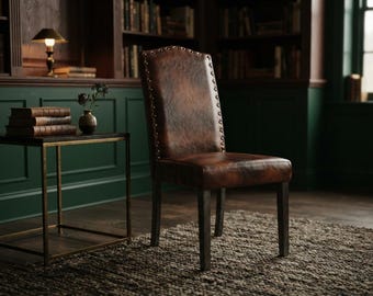 Set of 2 Vintage Brown Parsons Dining Chairs, Nailhead Trim, Cushioned Wood Legs