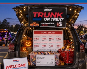 Plantilla de Canva para kit de Halloween "Trunk or Treat" de COSTCO, 20 letreros de Halloween editables, letreros de precios de dulces, credenciales de nombre, tamaño carta estadounidense e imprimible de 11x17 pulgadas.