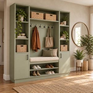 Mudroom Hall Tree Plans PDF, DIY Entryway Bench with Coat Hooks, Shoe Shelf and Storage Towers, Plywood Built-In Woodworking Blueprint