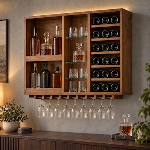 Puede incluir: Un estante de bar de madera montado en la pared con tres secciones distintas. El lado izquierdo contiene seis botellas de licor, el centro tiene estantes de vidrio con decantadores y vasos de cristal, y la derecha incluye un botellero para doce botellas.