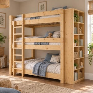 May include: A triple bunk bed made of light-coloured wood with an integrated side shelving unit. The structure features three stacked sleeping levels, each with white bedding and blue accents. A vertical ladder is attached to the front left side.