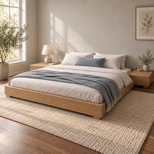 Puede incluir: Una estructura de cama de plataforma de madera clara de perfil bajo con un edredón beige, dos almohadas a juego, un cojín lumbar azul alargado y una manta azul. La cama está flanqueada por dos mesitas de noche de madera clara, una con lámpara.