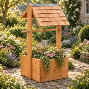 Peut inclure: Un puits décoratif en bois servant de jardinière, doté d'une base carrée, d'un toit à deux pans en bardeaux de cèdre et d'un seau en métal suspendu à une poutre horizontale, rempli de fleurs roses et blanches et de feuillage vert.