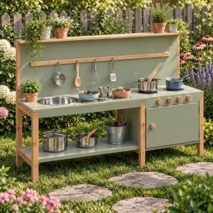 May include: A sage green wooden outdoor play kitchen featuring a stainless steel sink, a stovetop with four knobs, a storage cabinet, and a shelf. The unit includes hanging kitchen utensils, metal pots, and bowls, set against a garden backdrop.