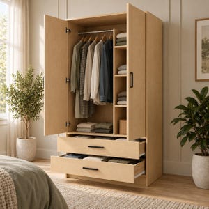 Wardrobe Plans PDF, DIY Two-Door Closet Cabinet with Drawers, Plywood Armoire with Hanging Rail and Shelves, Woodworking Blueprint