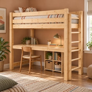 Twin Loft Bed Plans PDF, DIY Loft Bed with Desk and Cubby Shelf, Kids and Teen High Sleeper with Ladder, Space Saving Woodworking Plan
