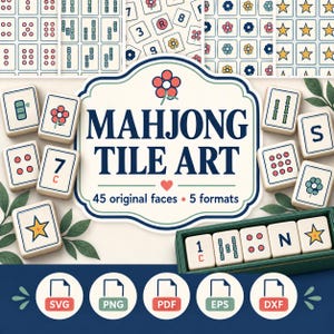 Puede incluir: Un gráfico digital con el texto MAHJONG TILE ART, 45 original faces, 5 formats. El diseño incluye varias fichas de mahjong con patrones de flores, estrellas, números y puntos, junto con cinco iconos circulares etiquetados como SVG, PNG, PDF, EPS y DXF.