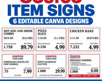 Modello Canva per cartellini dei prodotti COSTCO, 6 cartellini prezzo modificabili, 4 etichette alimentari da 2 pollici, etichette prezzo per buffet di feste