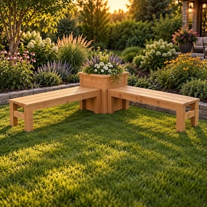 Corner Planter Bench Plans PDF, DIY L-Shaped Outdoor Bench Set with Cedar Planter Box, Two Backless Garden Benches Woodworking Blueprint