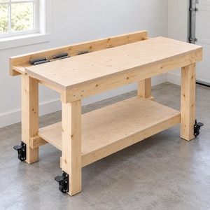 Workbench Plans PDF, DIY Roll-Away Garage Workbench with Tool Well and Retractable Casters, 5 ft 4x4 Leg Shop Bench with Lower Shelf