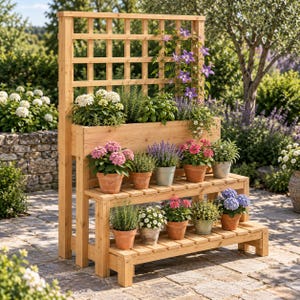 Op de afbeelding: Een houten plantenstandaard met meerdere niveaus en een geïntegreerd trellis-achterpaneel. De structuur heeft een verhoogde plantenbak op het bovenste niveau en twee lagere planken met diverse potplanten, waaronder roze hortensia's en kruiden.