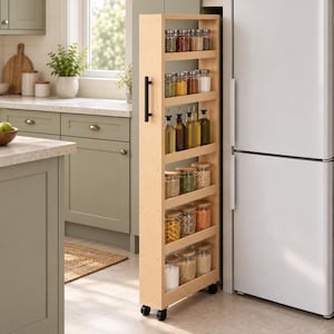 Puede incluir: Un organizador de despensa rodante, alto y estrecho, hecho de madera de color claro con seis estantes. La unidad cuenta con un asa vertical negra en el lateral y cuatro ruedas pequeñas en la base. Está lleno de varios frascos de vidrio con especias.