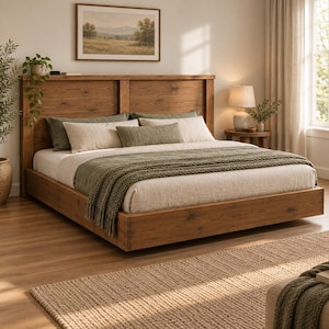 May include: A platform bed frame constructed from medium-toned wood with a horizontal plank headboard. The bed is dressed with white bedding, two olive green rectangular pillows, a smaller textured green pillow, and a chunky knit green throw.