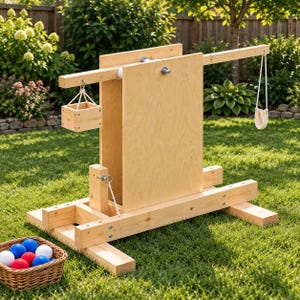 Könnte beinhalten: Ein hölzernes Trebuchet mit einer zentralen vertikalen Platte, einem horizontalen Wurfarm, einem hängenden Holzeimer und einer Stoffschleuder. Ein Weidenkorb mit roten, weißen und blauen Bällen steht auf dem Gras daneben.