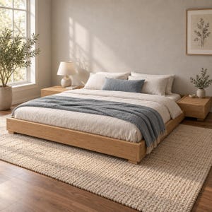 Projeto em PDF para cama baixa tipo plataforma, estrutura de cama queen size faça você mesmo com laterais embutidas, cama moderna de madeira com ripas, projeto de marcenaria sem cabeceira.