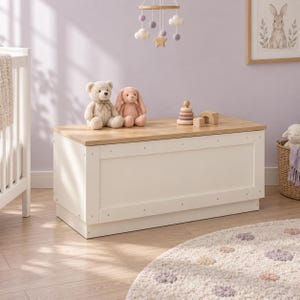 Puede incluir: Un baúl de juguetes rectangular de color blanco con una superficie superior en tono madera clara. El baúl presenta un diseño de paneles limpio con detalles de herrajes circulares visibles a lo largo del marco para almacenar juguetes.