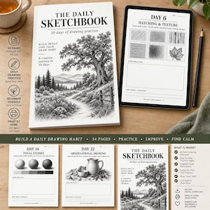 Puede incluir: Un cuaderno de ejercicios de dibujo titulado The Daily Sketchbook con una ilustración de portada de un paisaje con un árbol y un camino. Incluye páginas para ejercicios diarios como sombreado, texturas y estudios tonales, junto a un lápiz negro.