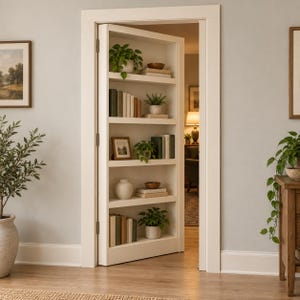 May include: A white wooden door designed as a functional bookshelf, featuring five shelves filled with various books, potted green plants, and decorative bowls. The door is slightly ajar, revealing a glimpse of a room with a lamp and furniture inside.