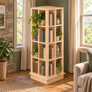 Puede incluir: Una estantería giratoria alta de madera clara con cuatro niveles de estantes cuadrados. Los estantes están llenos de varios libros de tapa dura en tonos neutros, pequeñas plantas verdes en macetas y jarrones de cerámica en los huecos.