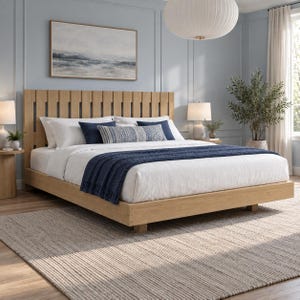 Op de afbeelding: Een platformbedframe van licht eikenhout met een hoog hoofdeinde met verticale latten. Het bed is opgemaakt met wit beddengoed, een marineblauwe gebreide sprei aan het voeteneinde en decoratieve kussens in marineblauw en wit met een geometrisch patroon.
