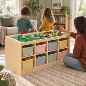 Kids Play Table Plans PDF, DIY Building Brick Table with 8 Cubby Storage, Train Table and Craft Table Woodworking Blueprint