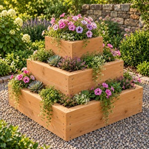 Puede incluir: Una jardinera de madera cuadrada de tres niveles construida con tablones de color marrón claro. La jardinera cuenta con varios niveles llenos de tierra y una variedad de plantas, incluyendo petunias rosas y moradas, suculentas y pequeñas flores blancas.