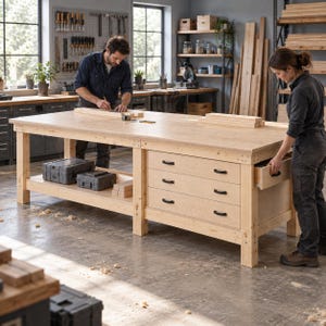 10 ft Workbench Island Plans PDF, DIY Assembly Table with Drawers and Shelves, Counter Height Garage Workbench, 4x4 Shop Bench