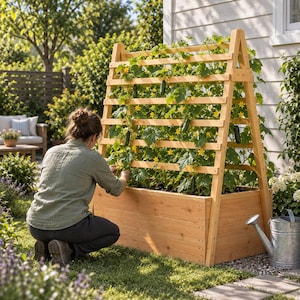 Op de afbeelding: Een lichtbruin houten A-vormig tuinrek bevestigd aan een rechthoekige verhoogde plantenbak. De structuur ondersteunt groene komkommerplanten met gele bloemen en verschillende hangende komkommers, wat zorgt voor een verticale groeiruimte.