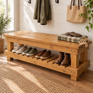 Farmhouse Shoe Bench Plans PDF, DIY Entryway Bench with Slatted Shoe Shelf, 2x4 and 4x4 Mudroom Bench, Woodworking Blueprint