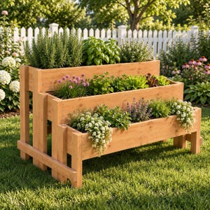 Peut inclure: Une jardinière en bois à trois niveaux avec une finition brun clair naturel. La structure étagée contient diverses herbes vertes, des légumes à feuilles et de petites plantes à fleurs blanches et violettes, disposées sur des niveaux séparés.