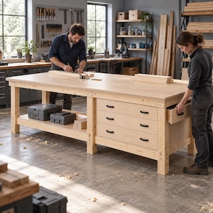 Puede incluir: Un banco de trabajo rectangular de madera de color claro con una amplia superficie plana, un estante de almacenamiento inferior y una columna de tres cajones en el lado derecho, cada uno equipado con dos tiradores de metal negro para facilitar el acceso.