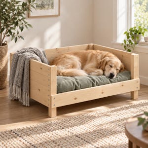 Op de afbeelding: Een rechthoekig hondenbedframe van lichtgekleurd hout met vier korte poten en een saliegroen getuft kussen. Een goudkleurige hond slaapt op het kussen en een grijze gebreide deken met franjes hangt over de zijkant van het houten frame.