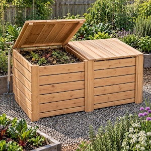 Puede incluir: Un contenedor de compost rectangular de madera con dos compartimentos separados, cada uno con una tapa abatible. La estructura está construida con listones de madera horizontales de color marrón claro. Una tapa está abierta.