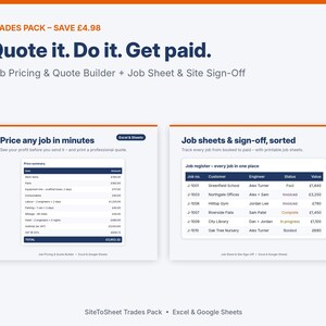 Trades Pack | Job Quote Builder + Job Sheet & Site Sign-Off | Contractor Templates | Excel/Google Sheets