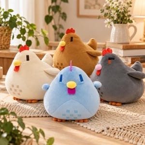 May include: Four plush chicken toys in cream, brown, blue, and gray. Each rounded bird features a small red comb, a yellow beak, a pink or red wattle, dark rectangular eyes, and a checkered pattern on the lower body with small orange feet.