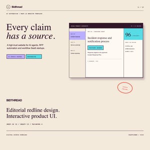 May include: A website template design titled Bidthread featuring the text Every claim has a source. The layout includes a UI dashboard showing an incident response and notification process with a 96 confidence score, alongside technical specifications.