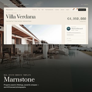 May include: A digital real estate website template titled Marnstone, featuring a property listing for Villa Verdana at 4,950,000 euros. The interface includes navigation menus, a property image, advisor contact details for Marisol Renard, and a form.