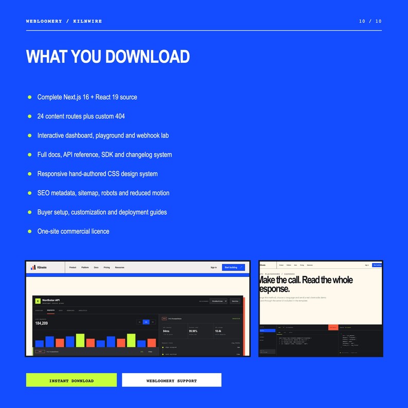 May include: A digital product information page with a bright blue background featuring the text WHAT YOU DOWNLOAD, listing features like Next.js 16, React 19 source, 24 content routes, an interactive dashboard, and a one-site commercial licence.