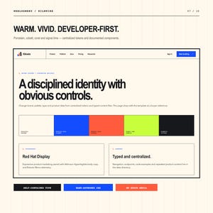 May include: A digital interface design layout titled WARM. VIVID. DEVELOPER-FIRST. featuring a colour palette of porcelain, cobalt, coral, and signal lime. The page displays text including A disciplined identity with obvious controls and Red Hat Display.