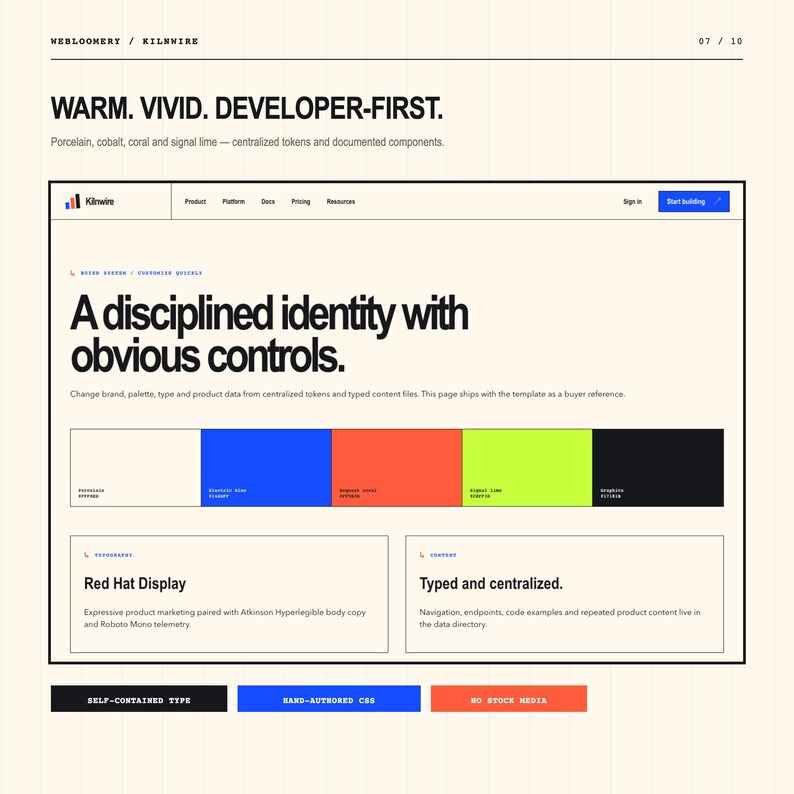 May include: A digital interface design layout titled WARM. VIVID. DEVELOPER-FIRST. featuring a colour palette of porcelain, cobalt, coral, and signal lime. The page displays text including A disciplined identity with obvious controls and Red Hat Display.