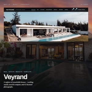 May include: A website template titled Veyrand featuring a white modern house with a long swimming pool, large glass doors, and stone walls. The interface includes navigation menus for register, buy, lettings, developments, markets, and partners.