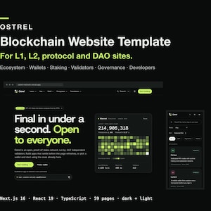 May include: A dark-themed website template titled OSTREL Blockchain Website Template for L1, L2, protocol and DAO sites. The layout features white and lime green text on a black background, showcasing web interface designs, data blocks, and navigation.