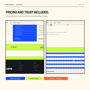 May include: A digital interface display titled PRICING AND TRUST INCLUDED featuring a usage estimator, status history, and enterprise proof pages. The layout includes blue and lime green sections, a grid of blue squares, and navigation buttons labelled USAGE CALCULATOR, STATUS HISTORY, and SECURITY + ENTERPRISE.